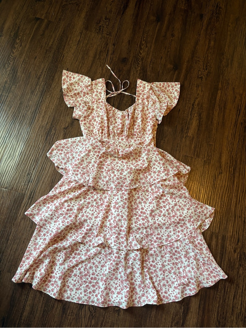 Belle Poque Floral Pink Tiered Midi Dress with Ruffle Sleeves